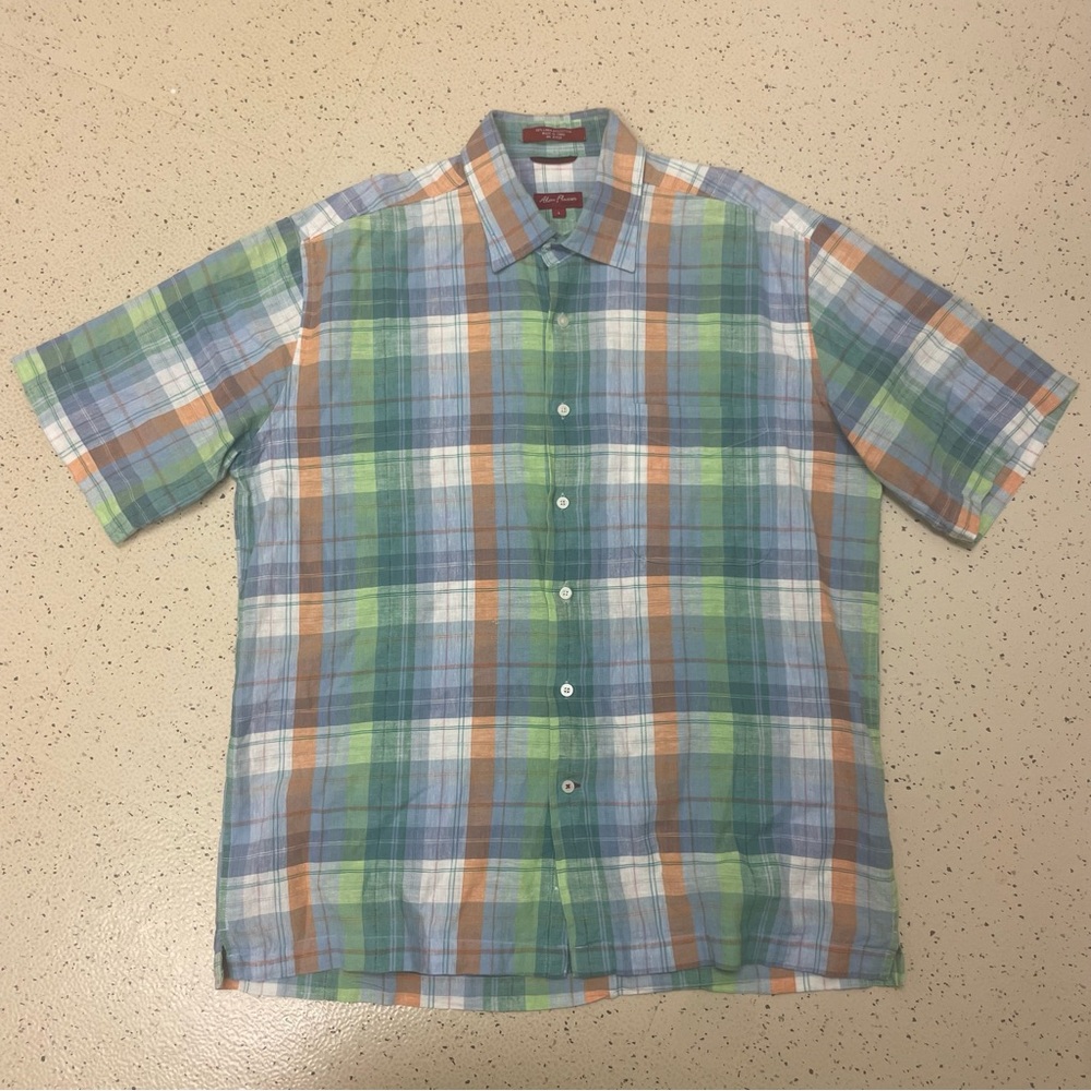 Alan Flusser Linen Cotton Check Madras Plaid Short Sleeve Button Down Shirt L